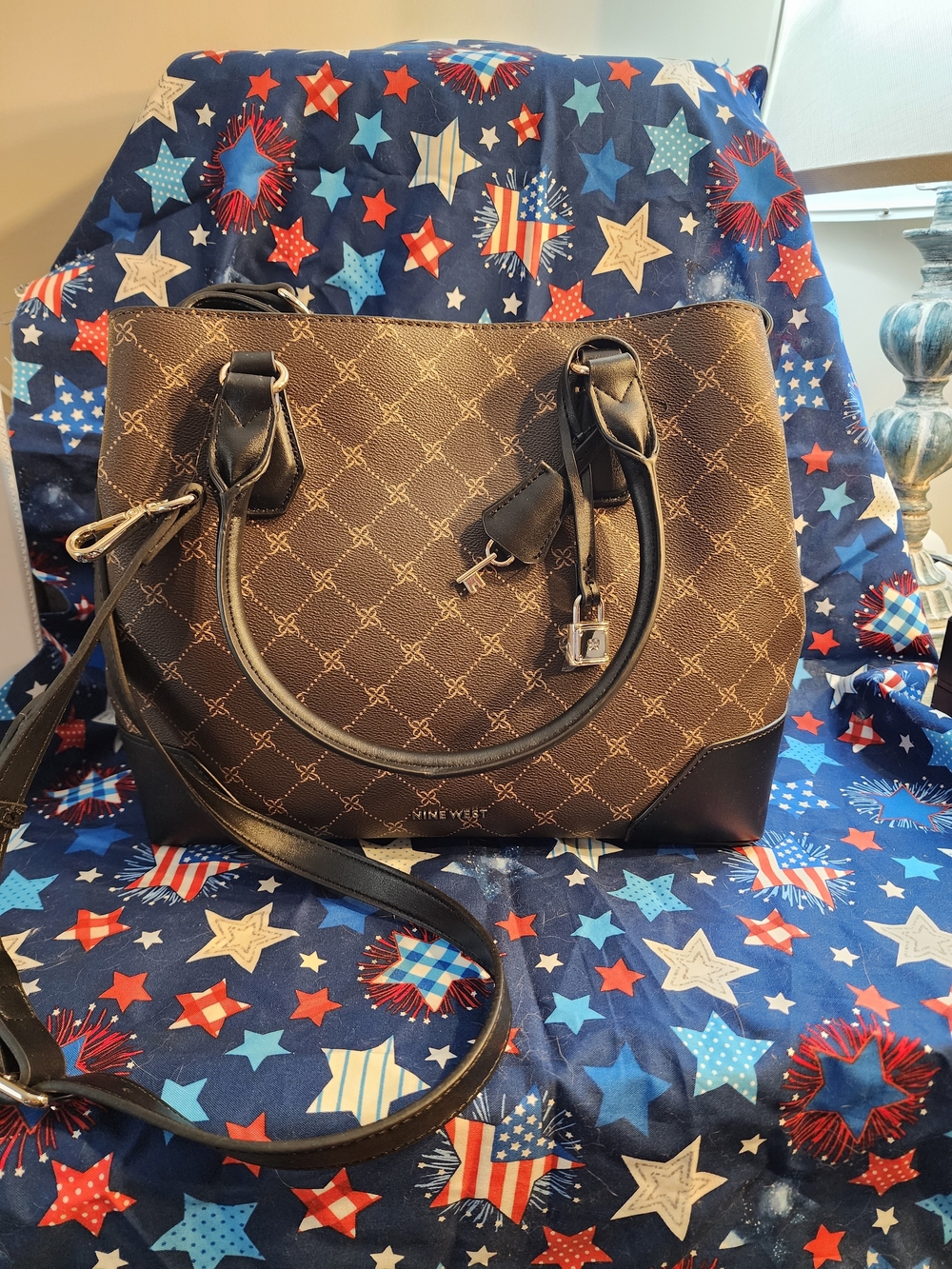 Nine West Brown Monogram Tote with Black Trim and Strap